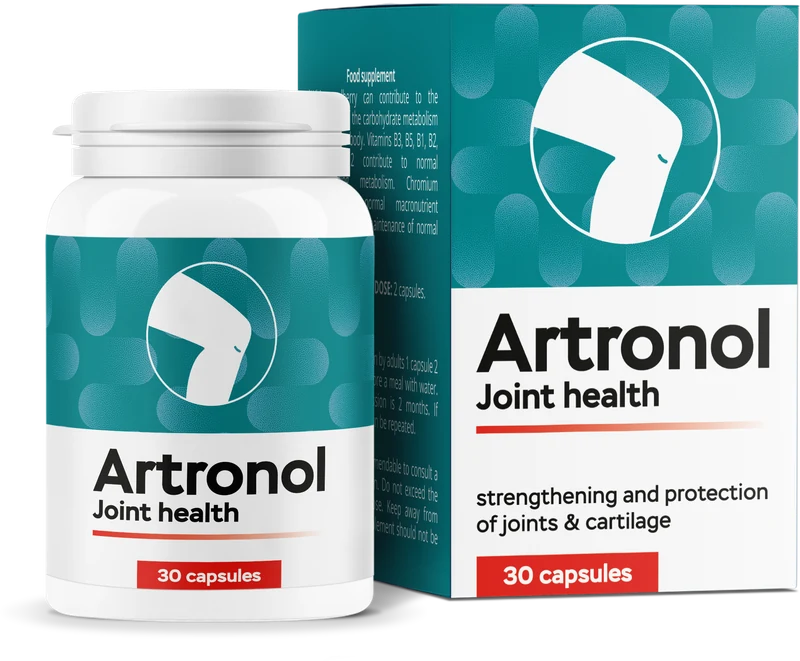 Artronol Joint health: frasco de 30 cápsulas y caja con el logotipo de la rodilla